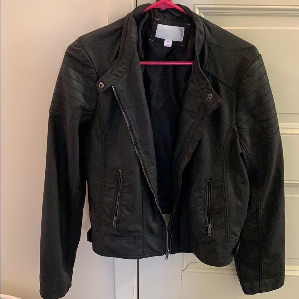 Black, faux leather, motorcycle jacket